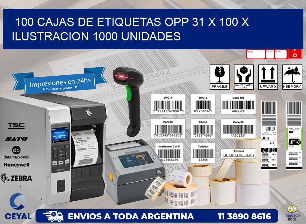 100 CAJAS DE ETIQUETAS OPP 31 x 100 X ILUSTRACION 1000 UNIDADES