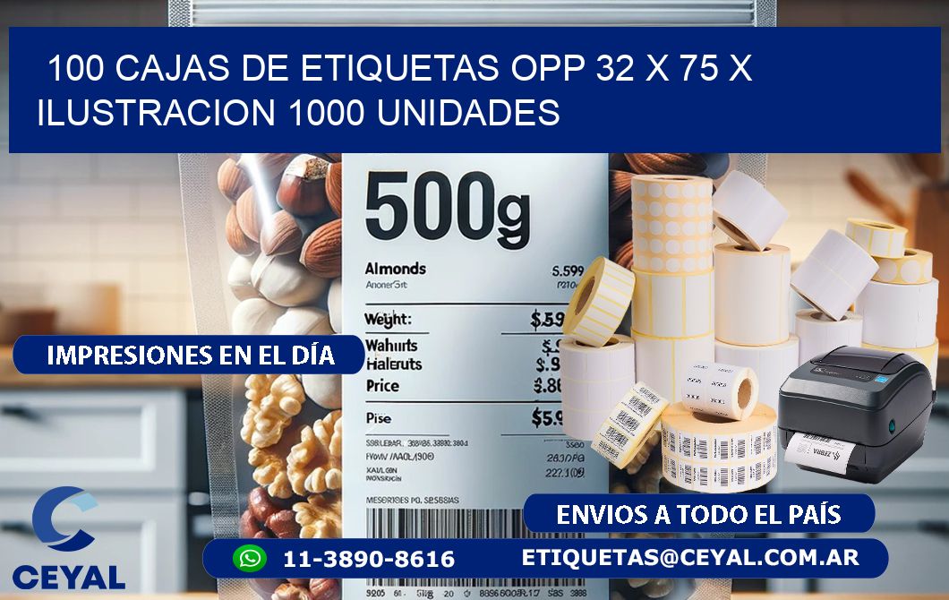 100 CAJAS DE ETIQUETAS OPP 32 x 75 X ILUSTRACION 1000 UNIDADES