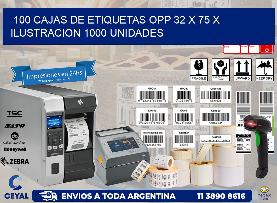 100 CAJAS DE ETIQUETAS OPP 32 x 75 X ILUSTRACION 1000 UNIDADES