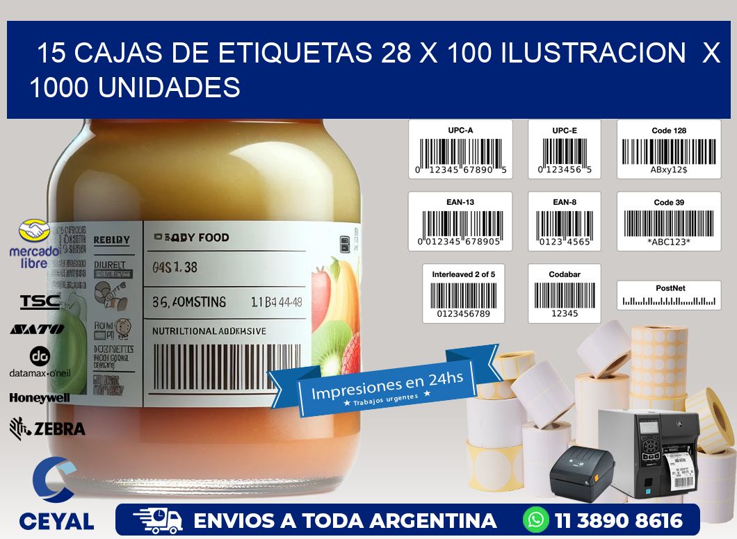 15 CAJAS DE ETIQUETAS 28 x 100 ILUSTRACION  X 1000 UNIDADES