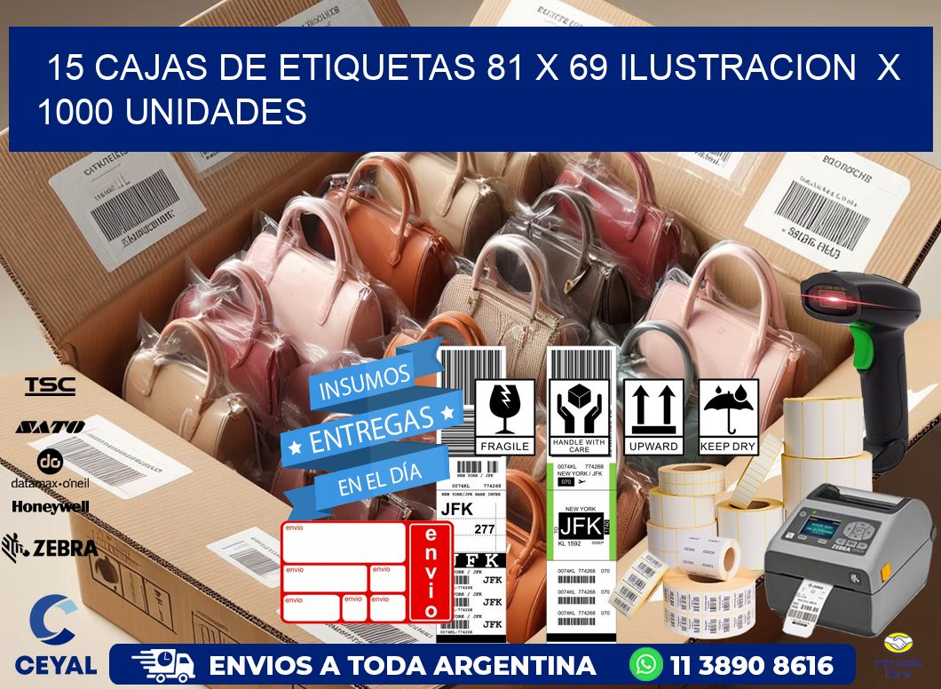 15 CAJAS DE ETIQUETAS 81 x 69 ILUSTRACION  X 1000 UNIDADES