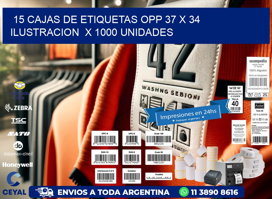 15 CAJAS DE ETIQUETAS OPP 37 x 34 ILUSTRACION  X 1000 UNIDADES