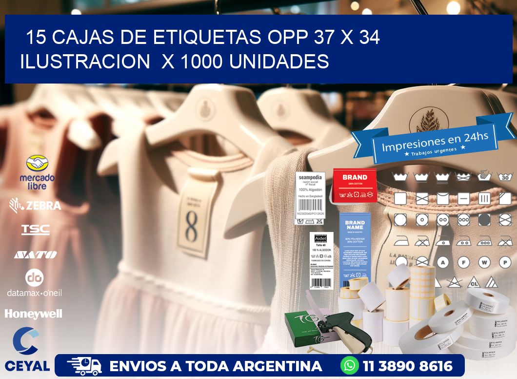 15 CAJAS DE ETIQUETAS OPP 37 x 34 ILUSTRACION  X 1000 UNIDADES