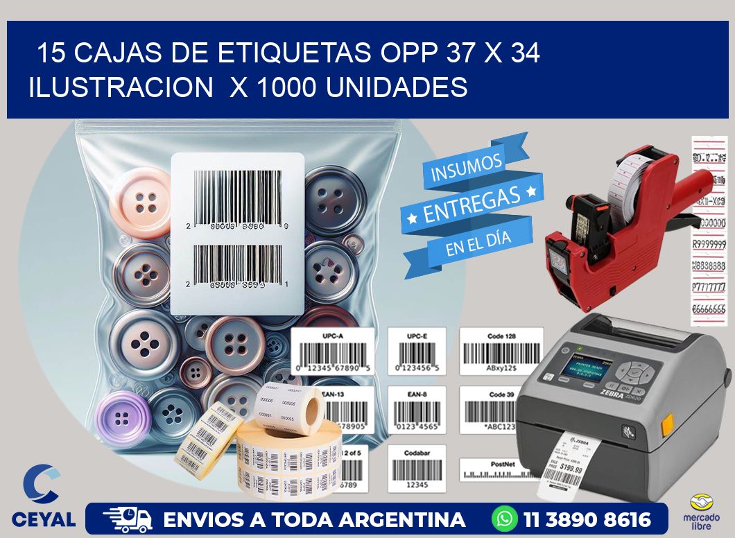 15 CAJAS DE ETIQUETAS OPP 37 x 34 ILUSTRACION  X 1000 UNIDADES