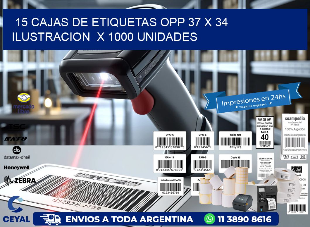 15 CAJAS DE ETIQUETAS OPP 37 x 34 ILUSTRACION  X 1000 UNIDADES