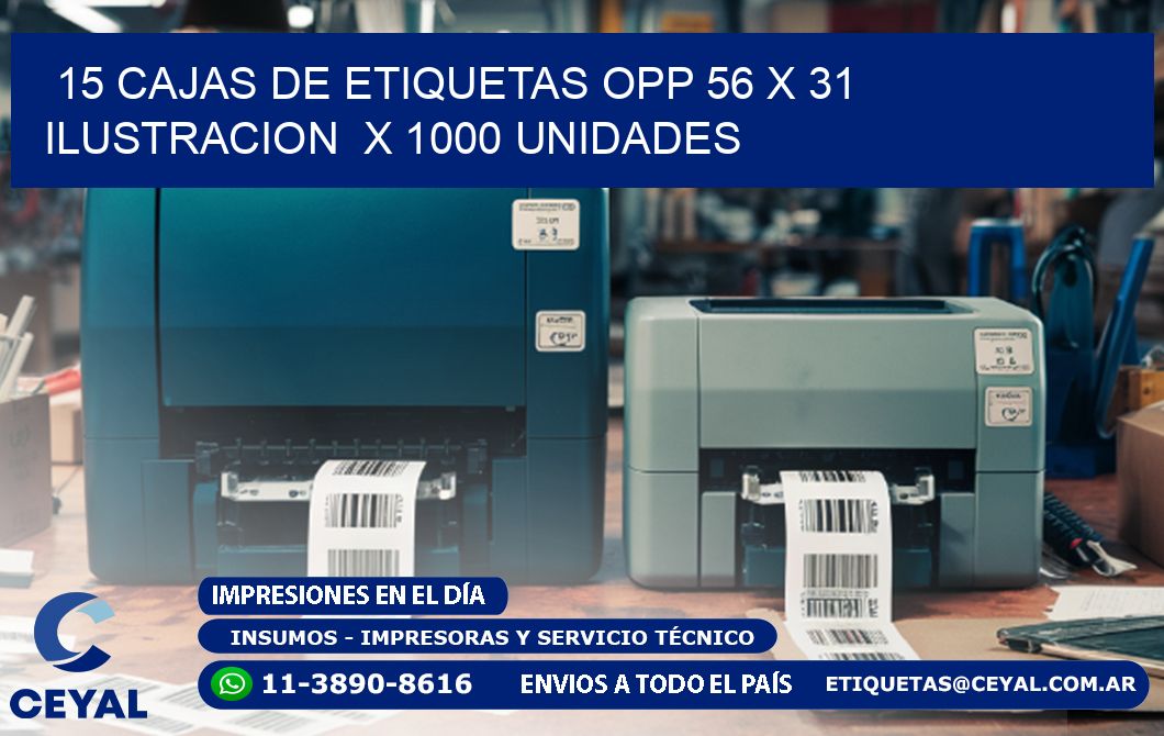 15 CAJAS DE ETIQUETAS OPP 56 x 31 ILUSTRACION  X 1000 UNIDADES