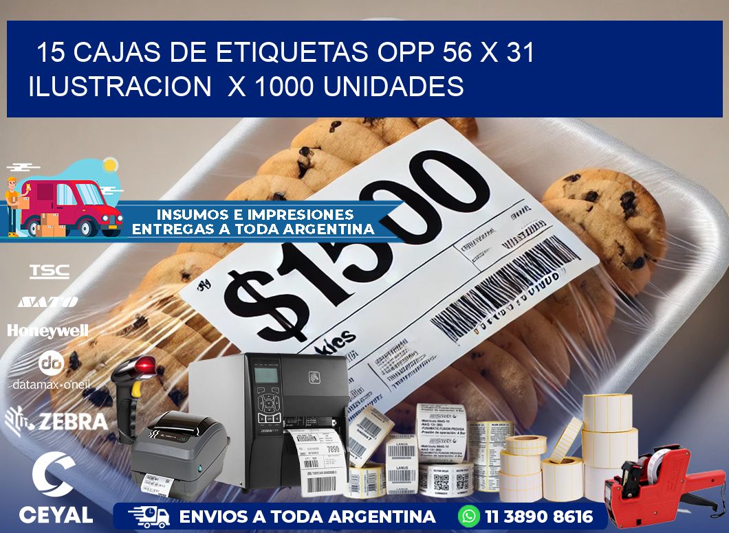 15 CAJAS DE ETIQUETAS OPP 56 x 31 ILUSTRACION  X 1000 UNIDADES