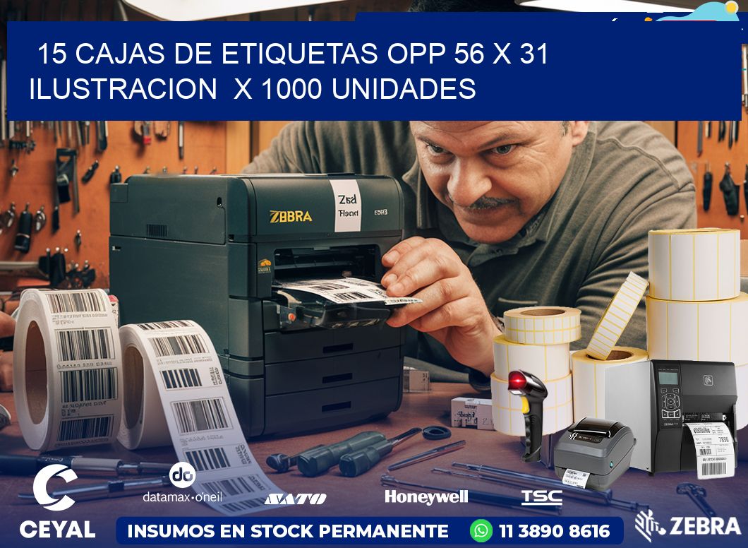 15 CAJAS DE ETIQUETAS OPP 56 x 31 ILUSTRACION  X 1000 UNIDADES