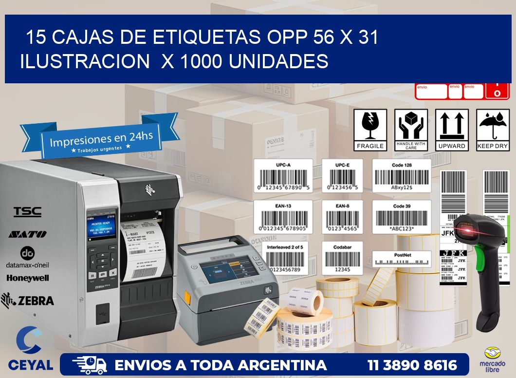 15 CAJAS DE ETIQUETAS OPP 56 x 31 ILUSTRACION  X 1000 UNIDADES