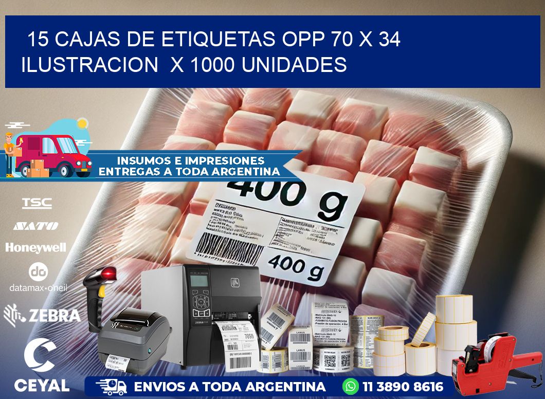 15 CAJAS DE ETIQUETAS OPP 70 x 34 ILUSTRACION  X 1000 UNIDADES