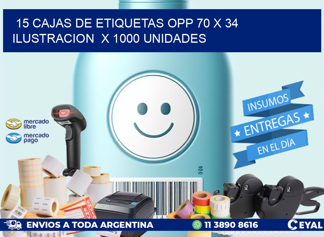 15 CAJAS DE ETIQUETAS OPP 70 x 34 ILUSTRACION  X 1000 UNIDADES