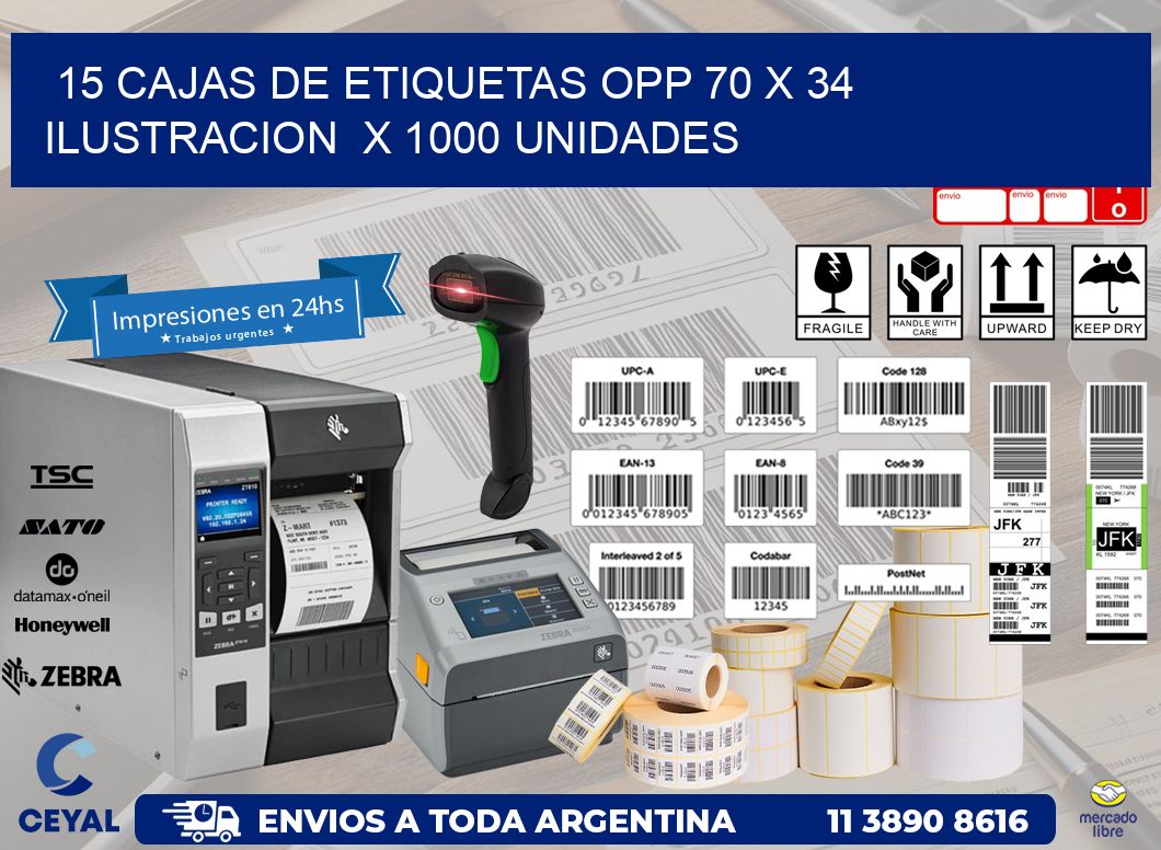 15 CAJAS DE ETIQUETAS OPP 70 x 34 ILUSTRACION  X 1000 UNIDADES