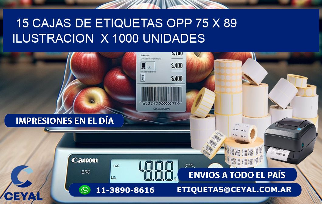 15 CAJAS DE ETIQUETAS OPP 75 x 89 ILUSTRACION  X 1000 UNIDADES