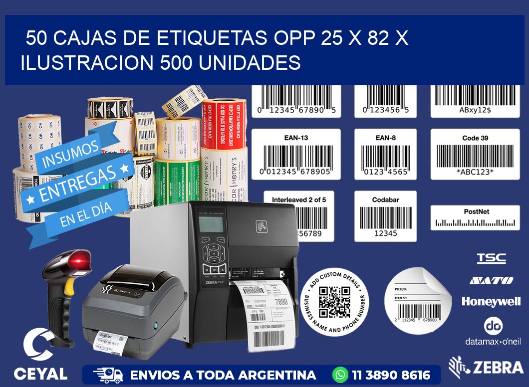 50 CAJAS DE ETIQUETAS OPP 25 x 82 X ILUSTRACION 500 UNIDADES