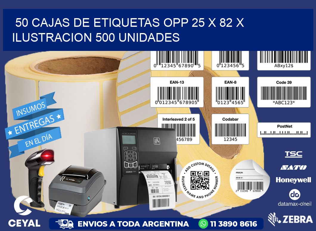 50 CAJAS DE ETIQUETAS OPP 25 x 82 X ILUSTRACION 500 UNIDADES