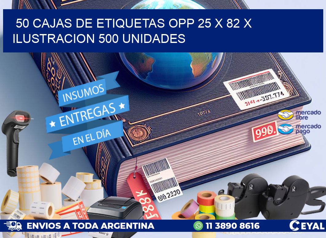 50 CAJAS DE ETIQUETAS OPP 25 x 82 X ILUSTRACION 500 UNIDADES