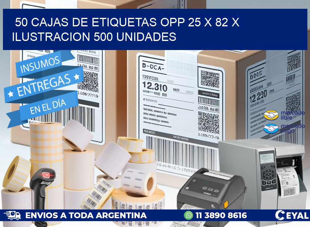 50 CAJAS DE ETIQUETAS OPP 25 x 82 X ILUSTRACION 500 UNIDADES