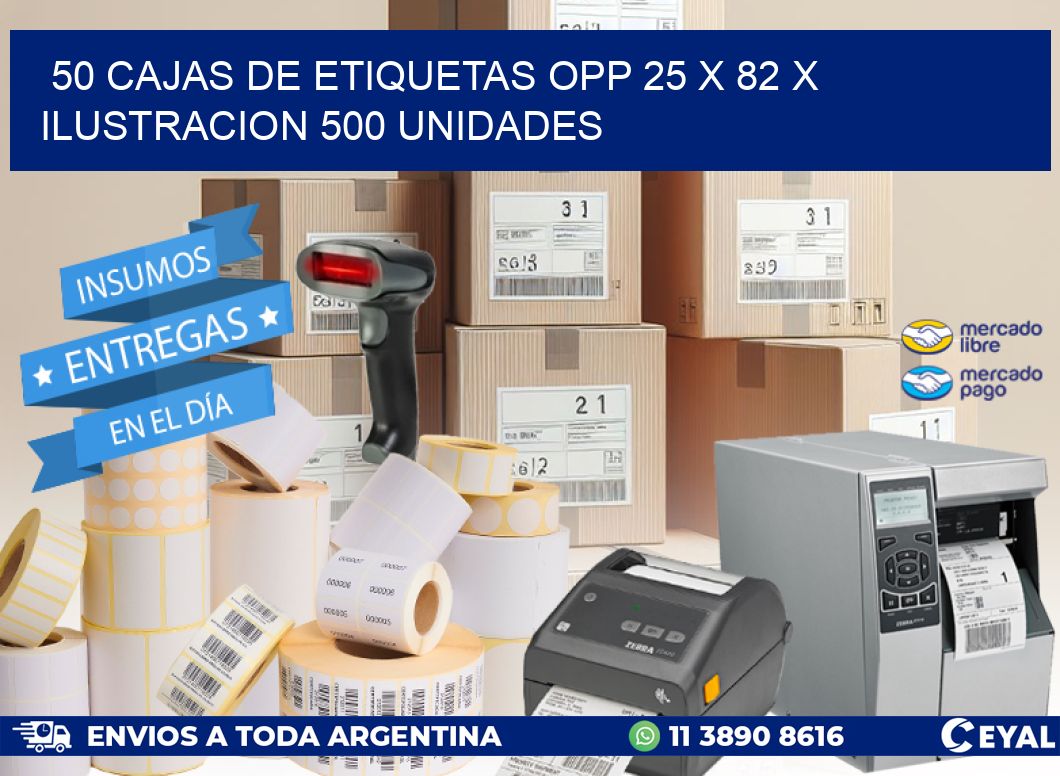 50 CAJAS DE ETIQUETAS OPP 25 x 82 X ILUSTRACION 500 UNIDADES