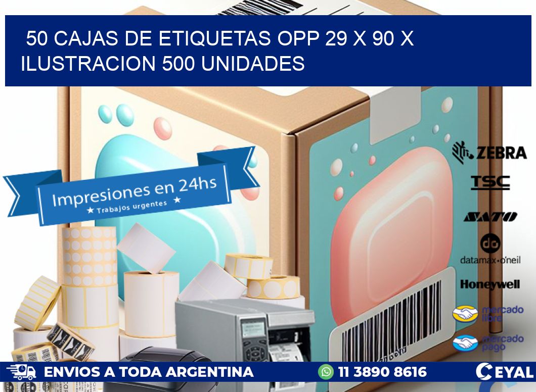 50 CAJAS DE ETIQUETAS OPP 29 x 90 X ILUSTRACION 500 UNIDADES