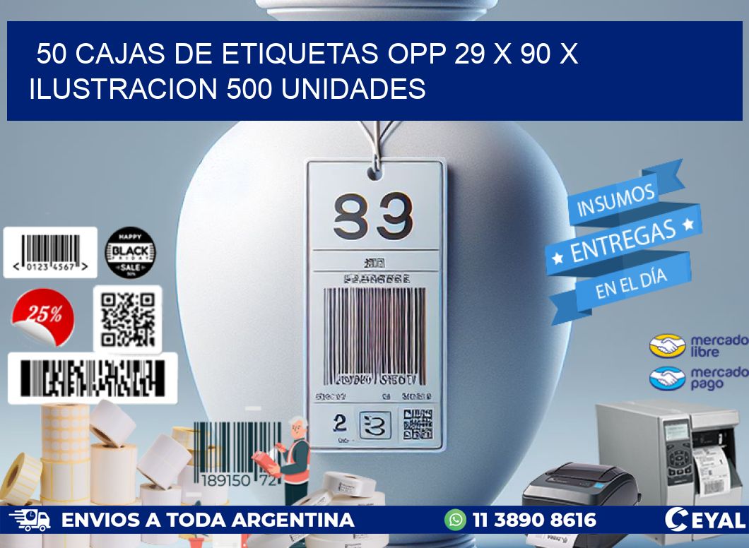 50 CAJAS DE ETIQUETAS OPP 29 x 90 X ILUSTRACION 500 UNIDADES