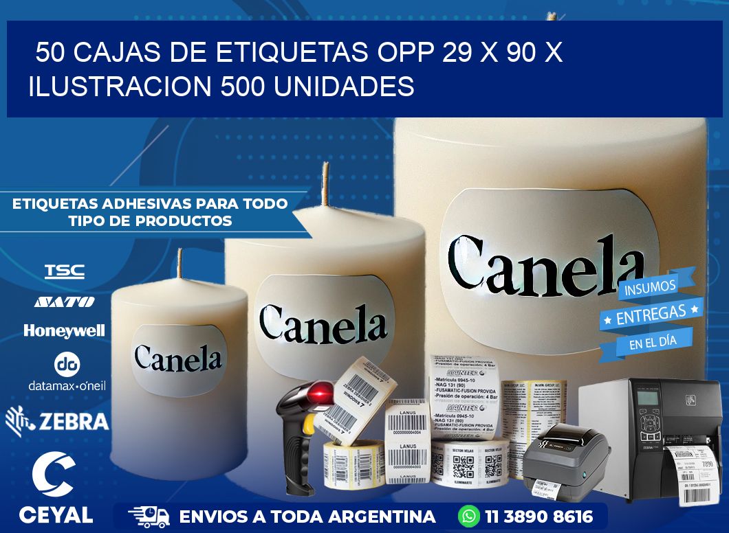 50 CAJAS DE ETIQUETAS OPP 29 x 90 X ILUSTRACION 500 UNIDADES