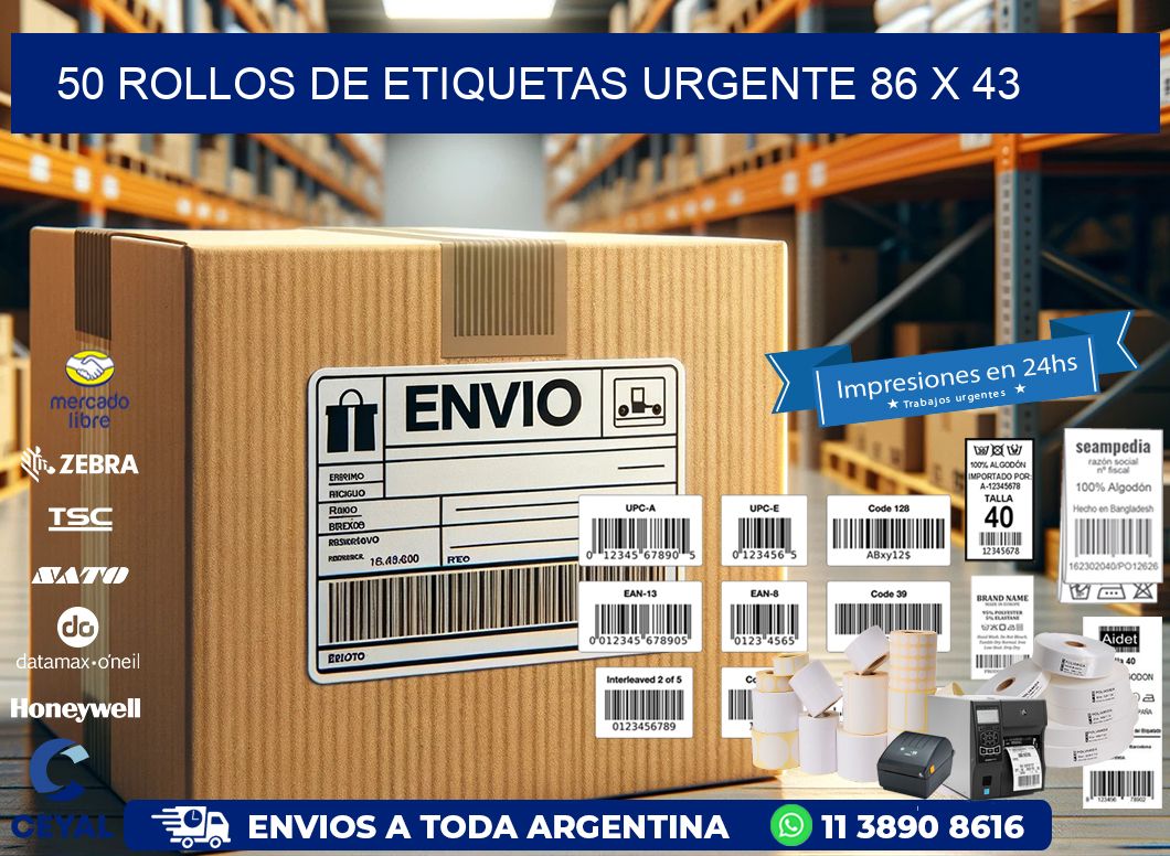 50 ROLLOS DE ETIQUETAS URGENTE 86 x 43